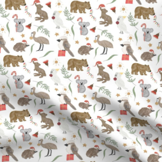 Close-up of the Christmas Down Under print featuring festive Australian animals for the personalised Signature Santa Sack