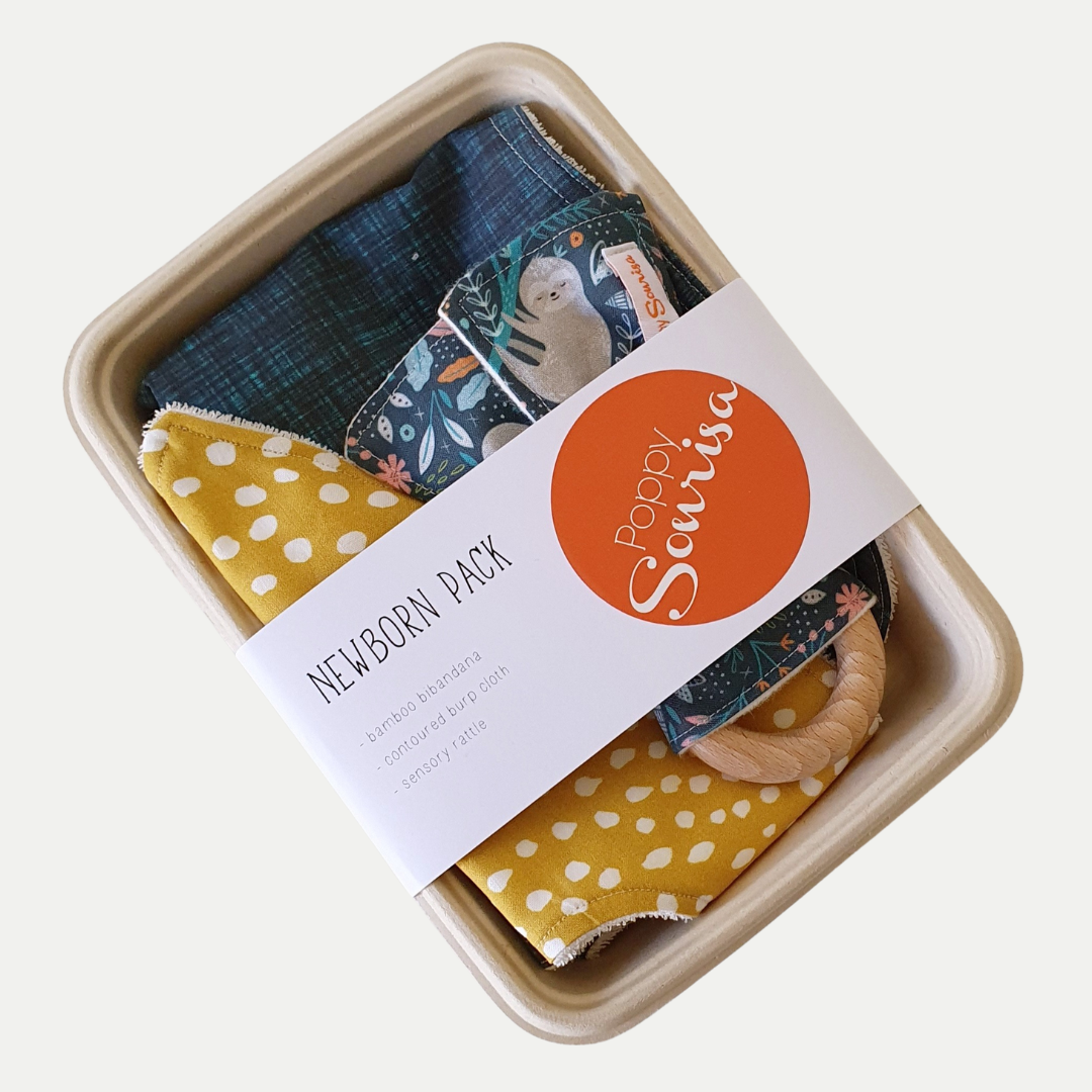 HANGIN ON | NEWBORN PACK | BIB BURP CLOTH RATTLE
