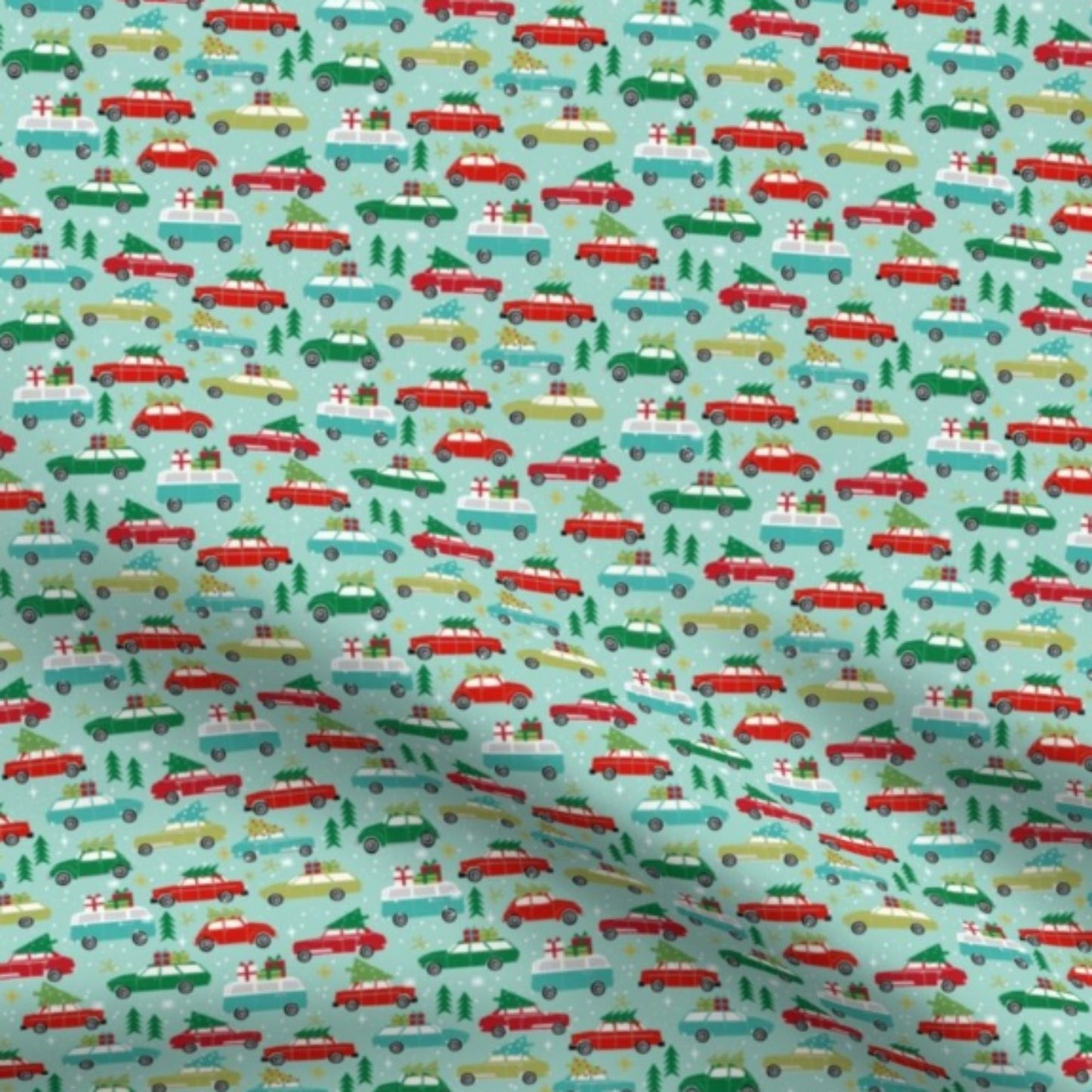 Close-up of the aqua Vintage Christmas Cars print for the personalised Classic Linen Santa Sack