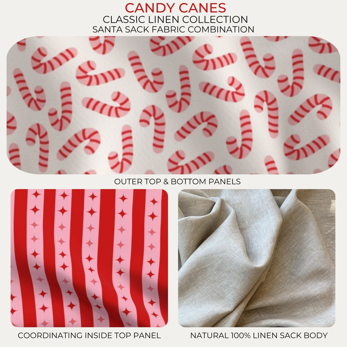 Candy Canes Classic Linen Santa Sack fabric combination with candy cane print, striped star lining and natural linen body