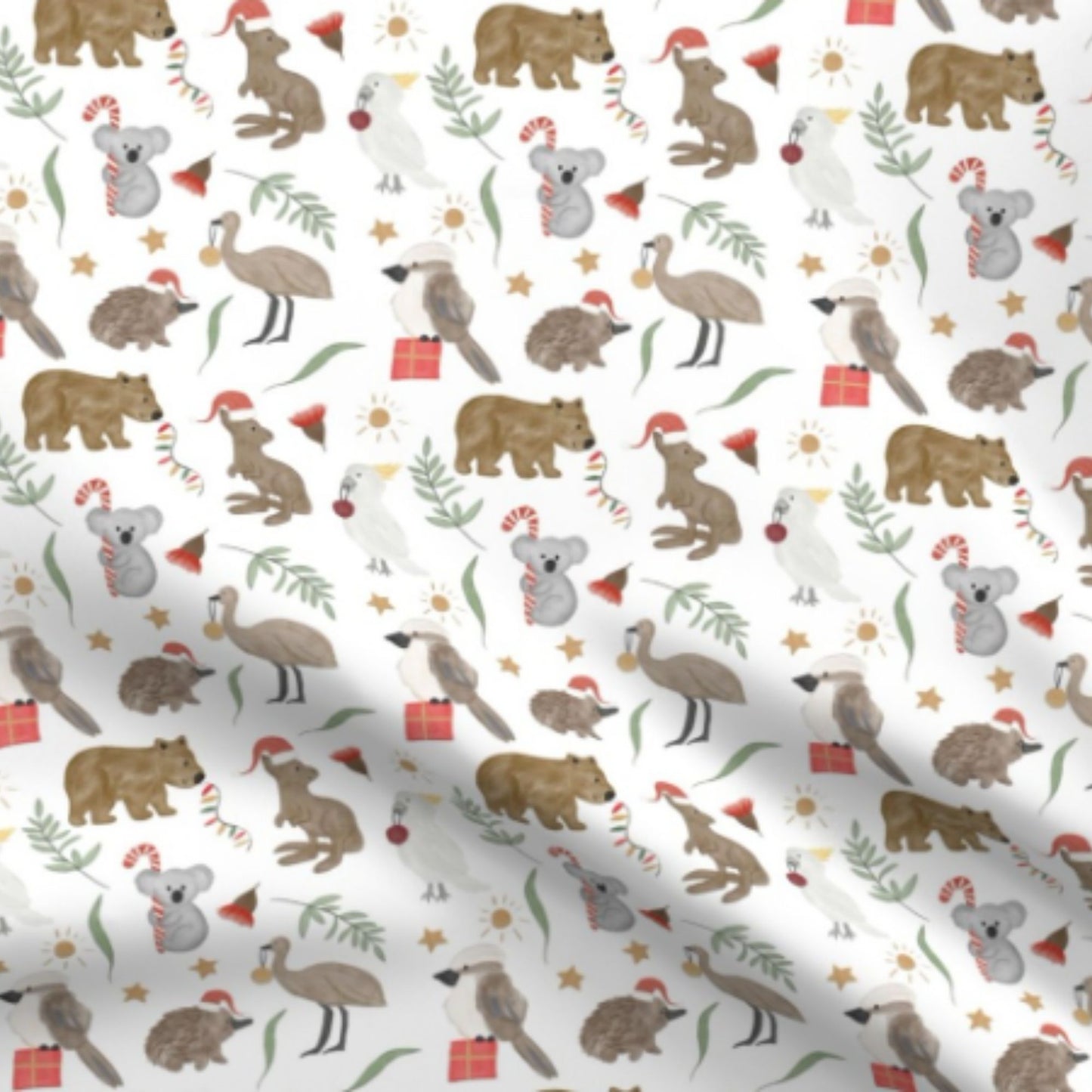 Close-up of the Christmas Down Under print featuring festive Australian animals for the personalised Signature Santa Sack