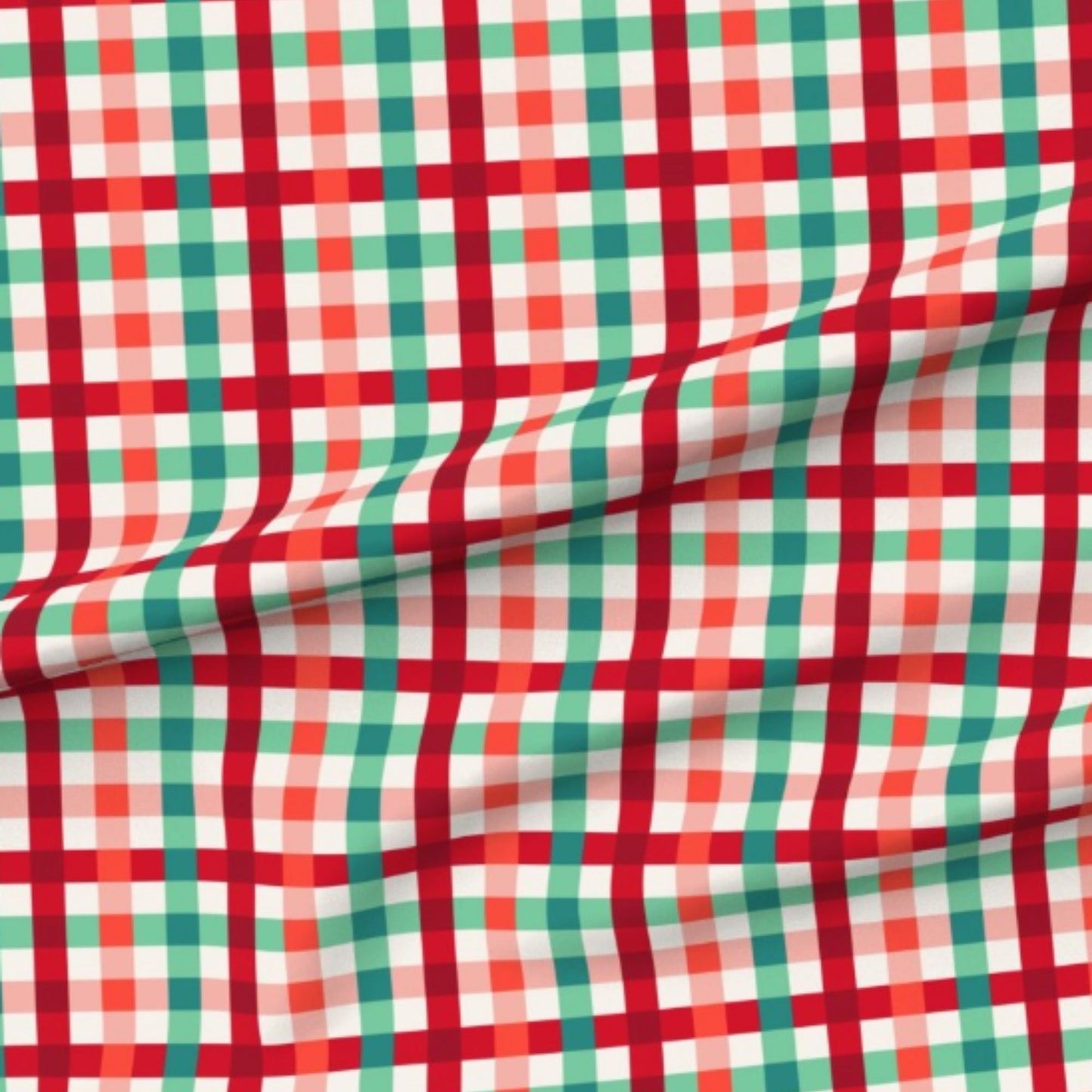 Close-up of the red, green and coral Festive Gingham print for the personalised Classic Linen Santa Sack