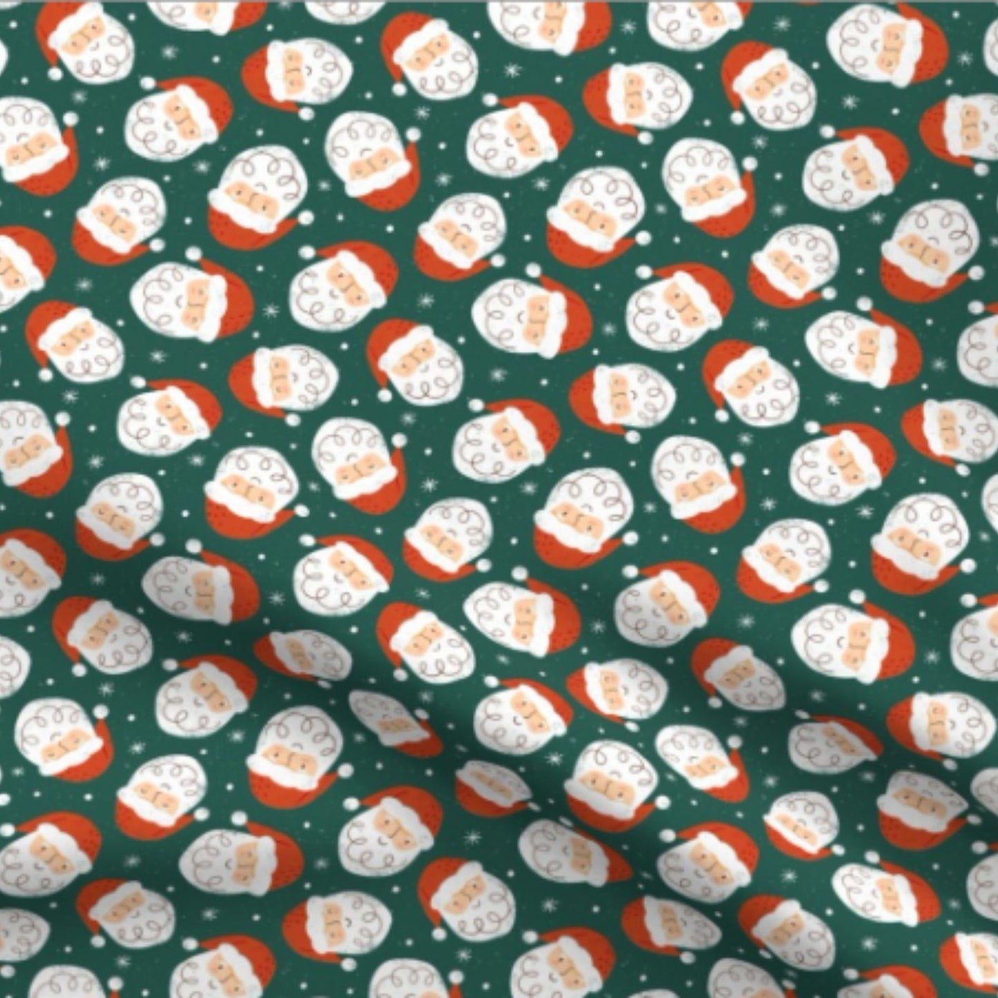 Close-up of the Merry Santa print with Santa faces on a deep green background for the personalised Signature Santa Sack