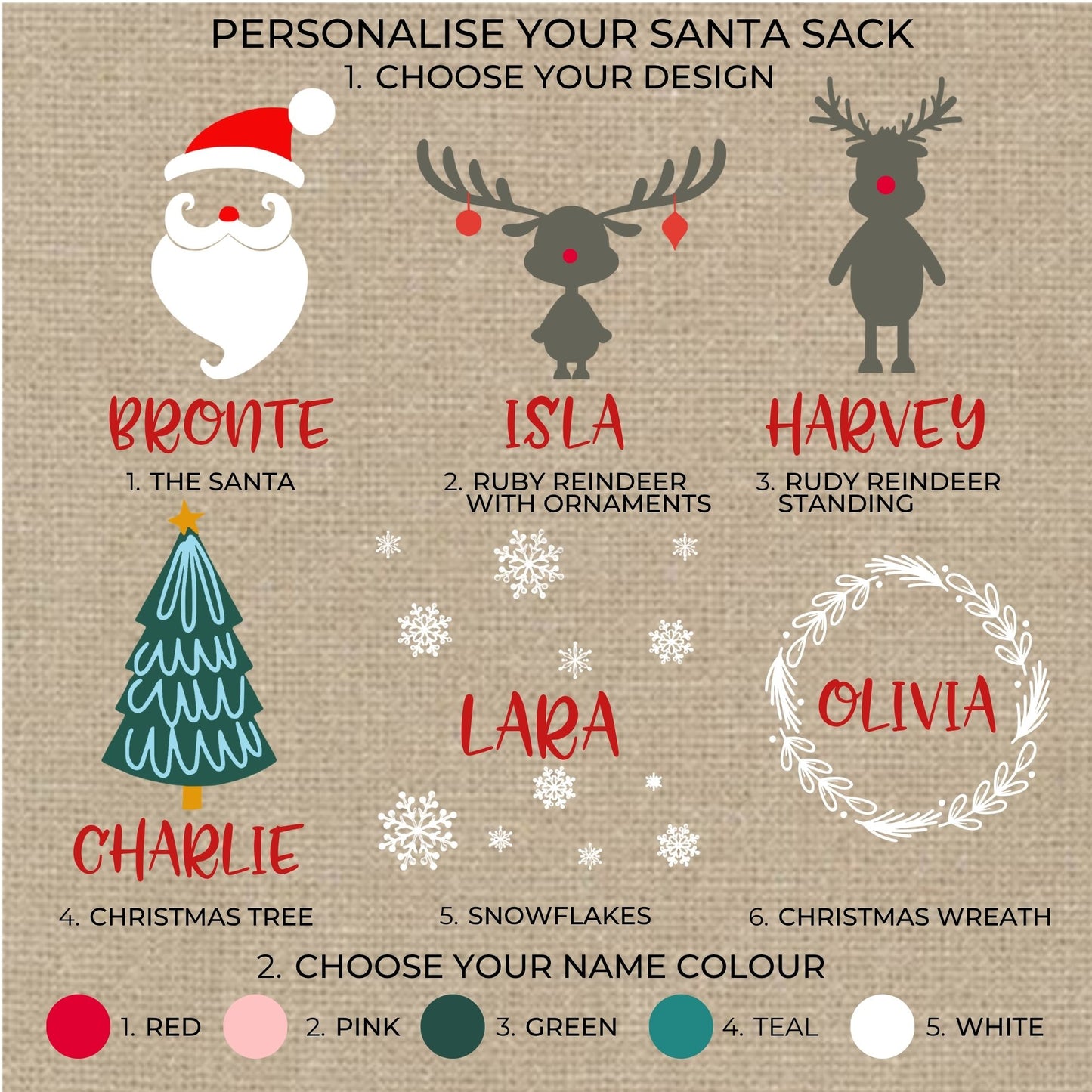 Six personalised Santa Sack designs with red, pink, green, teal and white name colour options