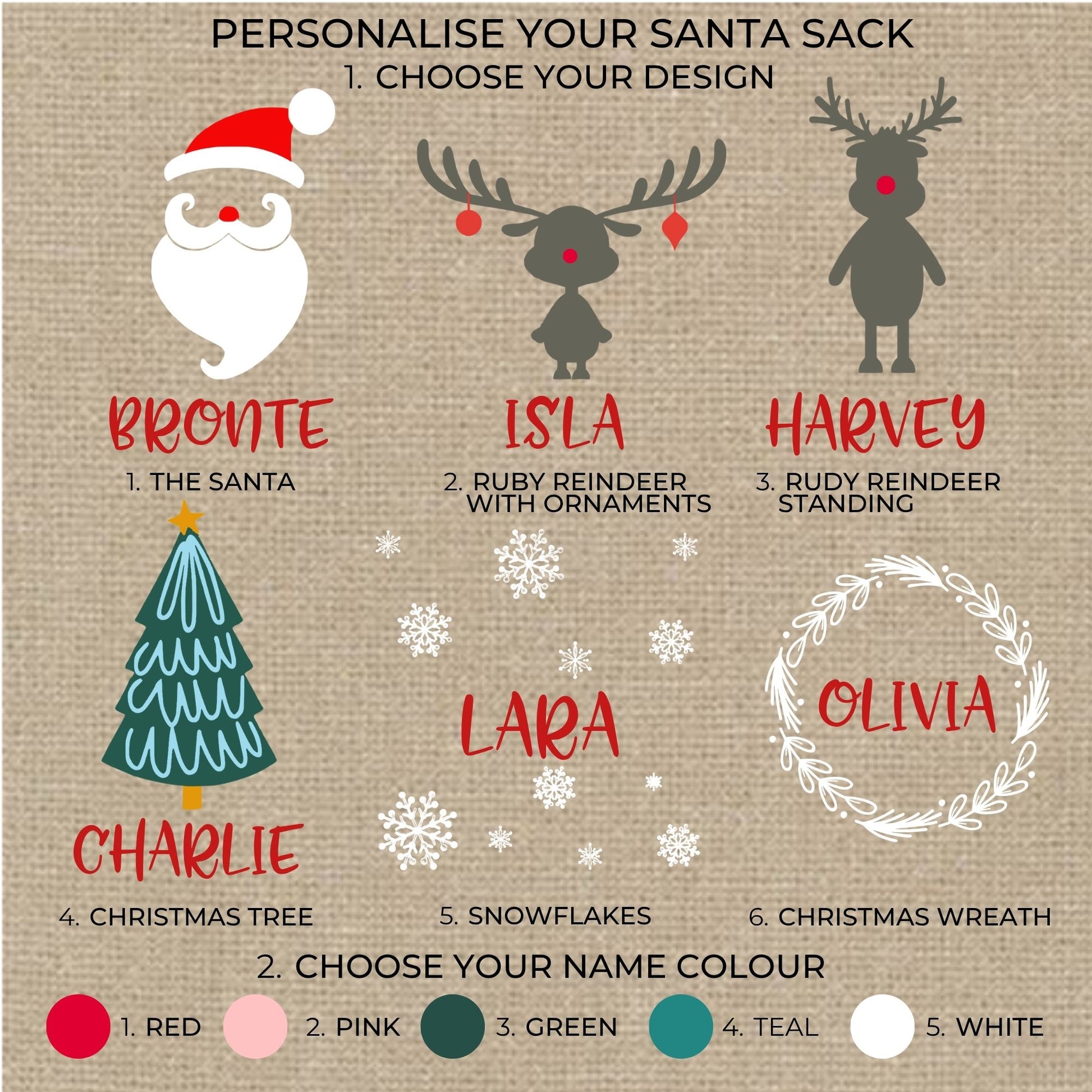 Six personalised Santa Sack designs with red, pink, green, teal and white name colour options