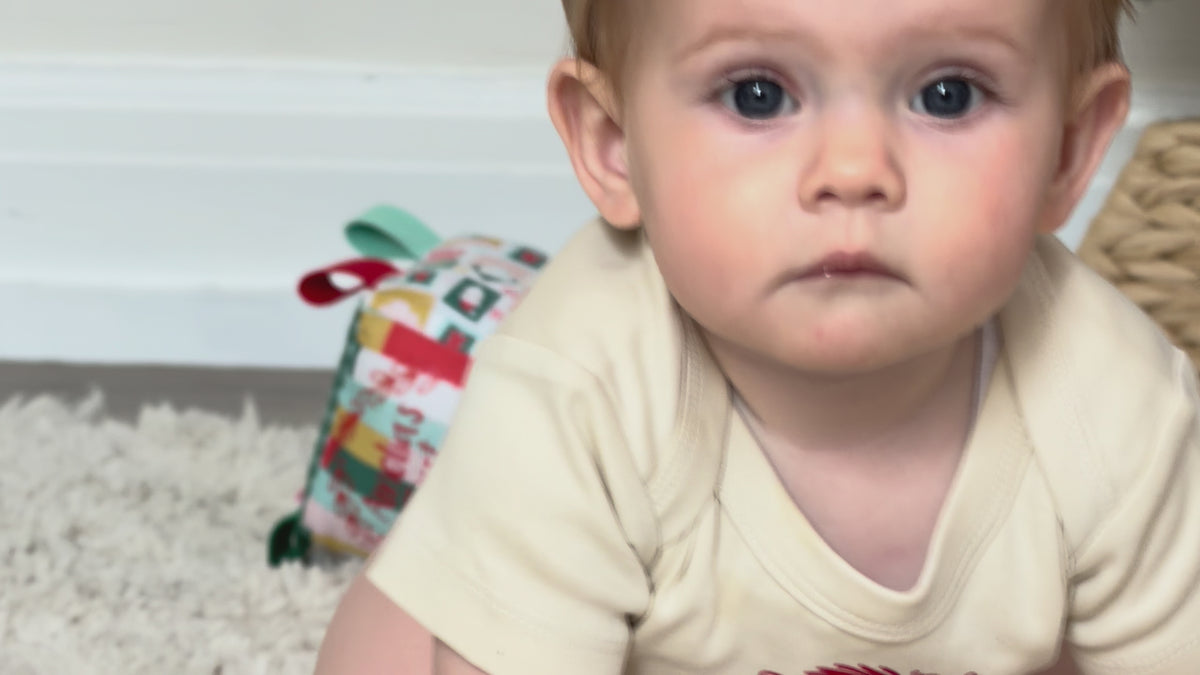 Short video of children with personalised linen Santa Sacks and My First Christmas sensory cubes by the Christmas tree