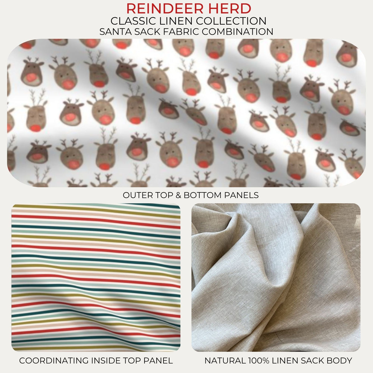 Reindeer Herd Classic Linen Santa Sack fabric combination with reindeer print, striped lining and natural linen body