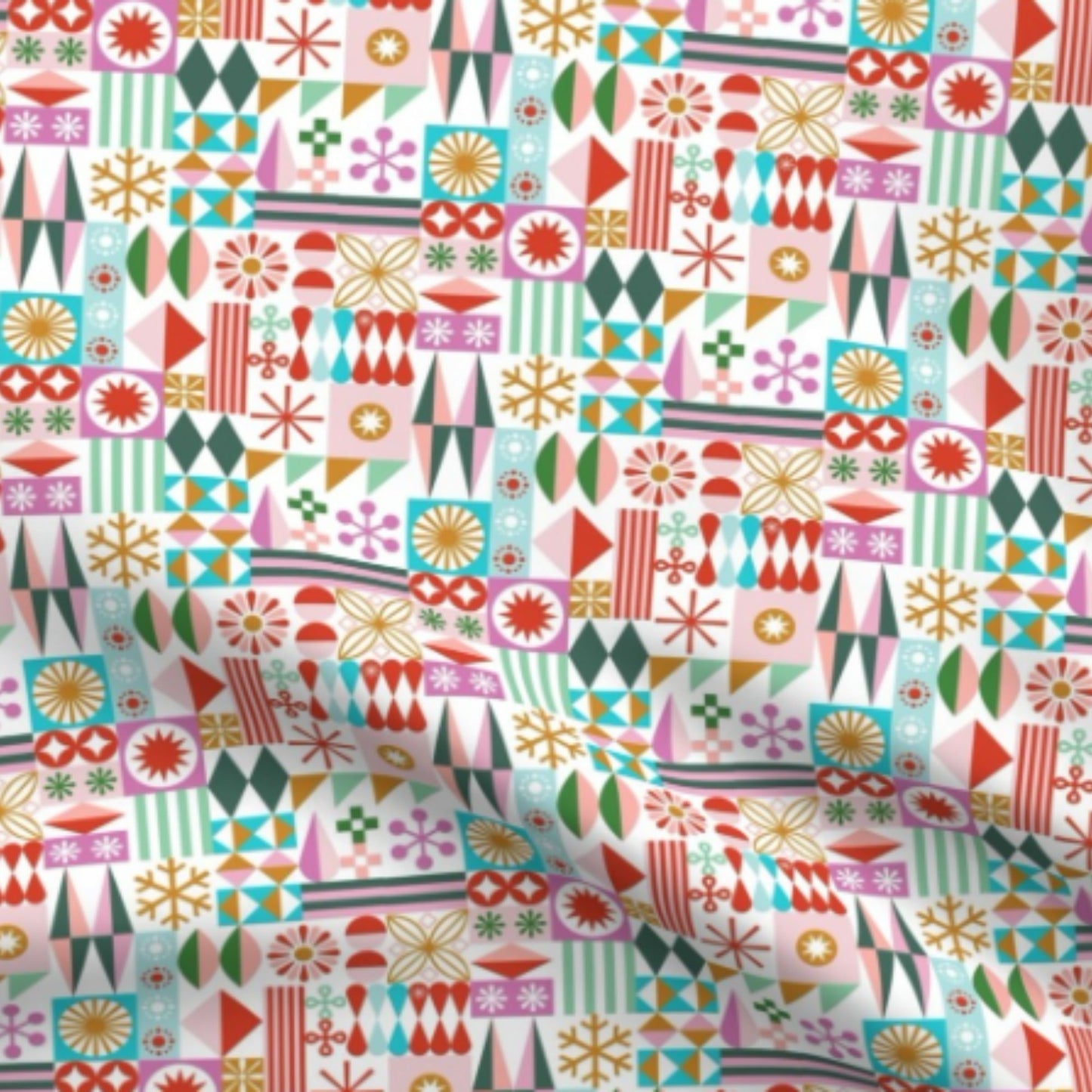 Close-up of the colourful geometric Santa’s Workshop print for the personalised Classic Linen Santa Sack
