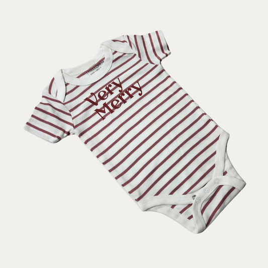 Full front view of the short-sleeved Very Merry baby onesie in white with muted red stripes and snap fastenings