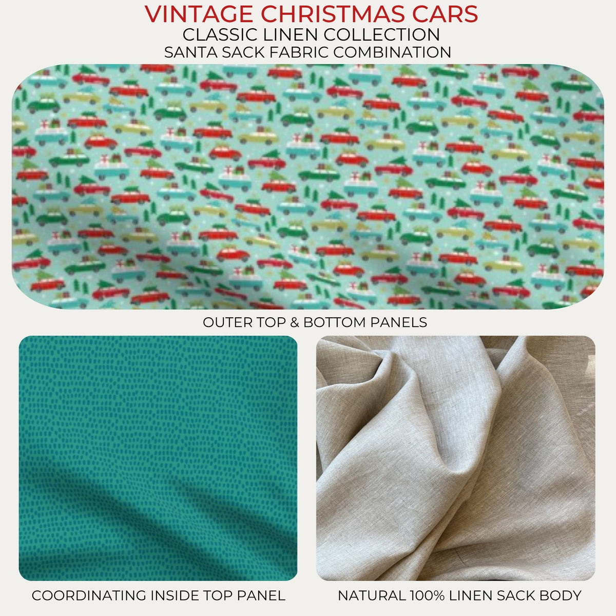 Vintage Christmas Cars Classic Linen Santa Sack fabric combination with vintage car print, teal lining and natural linen body